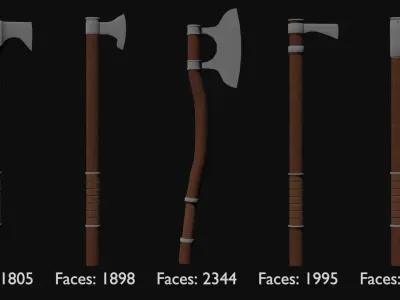 Set of 5 medieval axes - procedural materials Low-poly 3D model