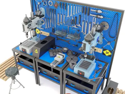 2M112 Drilling press and Industrial workbench garage tools 3D model