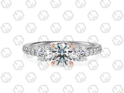 Ring 129 Round cathedral pave set shank 3 stone ring 3D print model