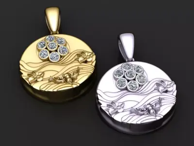 Floral Sun and Waves Medallion Pendant with Diamond Cluster 3D print model