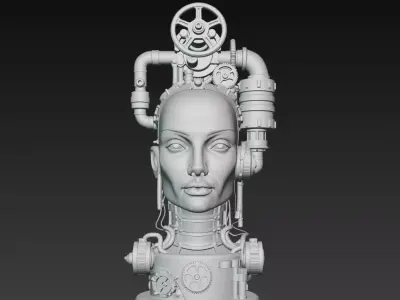 Steampunk Mechanical Woman Bust Sculpture STL 3D print model