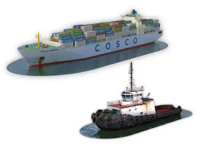 Cargo Ship COSCO and Tugboat 3D Model Pack