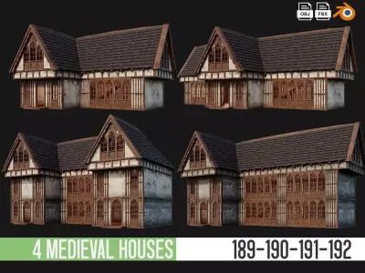 4 Old Medieval Houses Pack 4K Textures GameReady 189 to 192 Low-poly 3D model