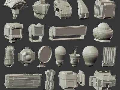 110 Low poly futuristic robot or weapon parts kitbash IMM brush 3D model
