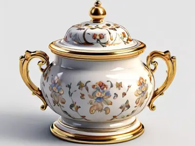 Ornate Porcelain Sugar Bowl with Gold Trim Low-poly 3D model