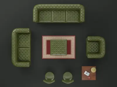 Chesterfield Realistic Leather Antique Green Sofa Set Collection Low-poly 3D model