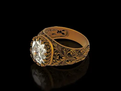 Cushion gem antique floral carving filigree ring 3D print model