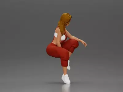 Street dancer in red overalls sitting stylishly on parked car 3D print model