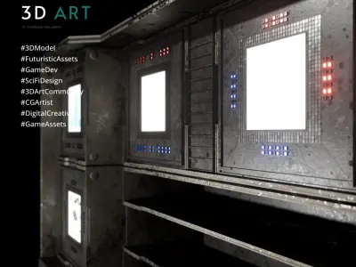 Computer - Monitoring Shelf 3D Model Industrial Dystopian  Low-poly 3D model