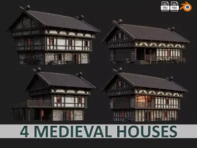 4 Old Medieval Building House Pack 4K Tex GameReady 49 to 52 Low-poly 3D model