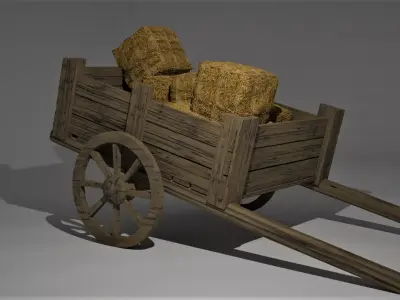 Low Poly Cart wooden wagon with bales of hay Low-poly 3D model
