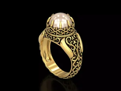 Antique Floral Carving Signet Pearl Ring 3D print model
