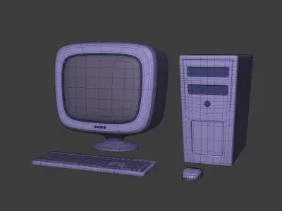 Cartoon Old Computer Desktop - PC Monitor Screen Keyboard Mouse Low-poly 3D model
