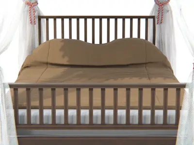 Traditional Asian Canopy Bed with Decorative Drapes 3D model