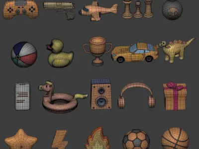 Cartoon Icon Pack - Game Controller - Plane - Car - Gun - Ball Low-poly 3D model