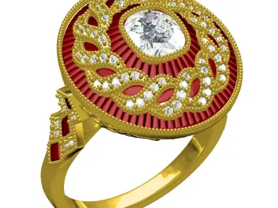 Filigree Art Deco Ruby Diamond Cushion Cut Diamond Ring 3D print model