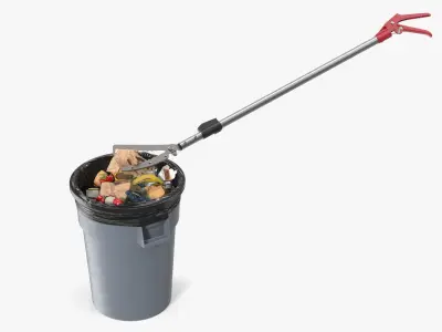 Trash Picker Tool in Use with Garbage Bin 3D model