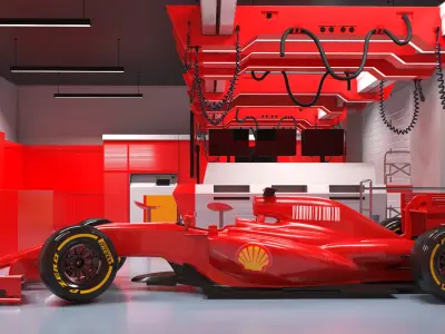 Race Car Garage and Formula One Car 3D model