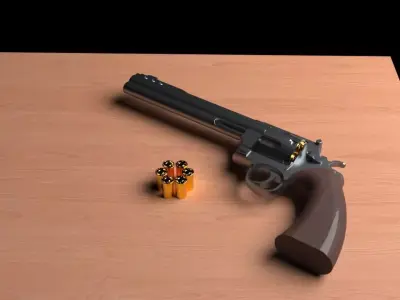 Pistol revolver on wooden table 3D model
