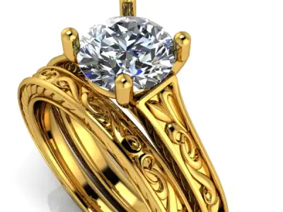 Filigree Scrolls Engraved Solitaire  Art Deco Engagement Ring 3D print model