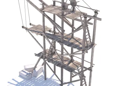 Old wooden scaffolding with handle crane 3D model