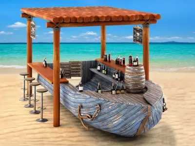 Rusty boat Vessel ship bar restaurant beach 3D model