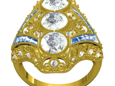 Antique Three Stone Art Deco Engagement Ring 3D print model