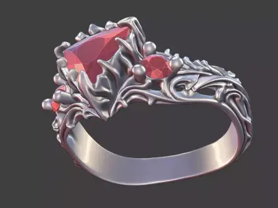 goth ornamental trillion gemstone ring silver engraved skull 3D print model
