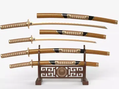 Brow Double Bladed Katana Wakizashi and Stand 3D model