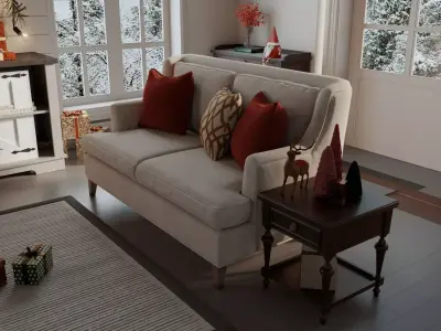 A cozy Christmas living room with a decorated Christmas tree Low-poly 3D model