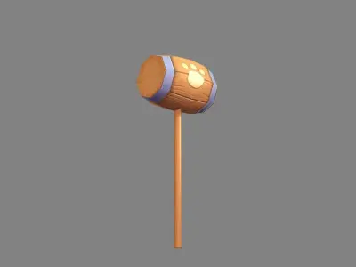 Cartoon wooden hammer with cat paw print  Low-poly 3D model