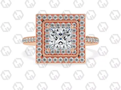Ring 208 Princess Shape Cathedral Double Halo pave set with Gems 3D print model