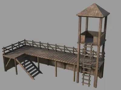 Barracks wooden structure with stairs and tower Low-poly 3D model