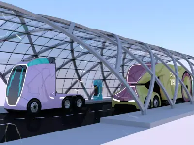 EV charging station with future vehicles II 3D model