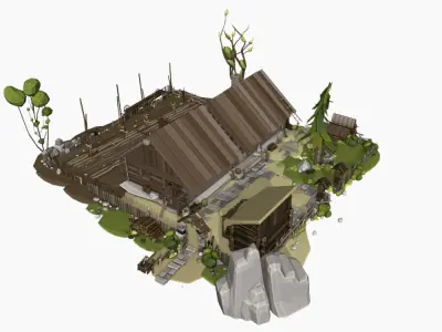 Medieval Peasants Home Scene with Interior Low Poly Low-poly 3D model