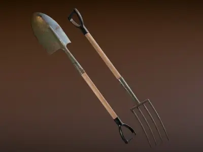 Garden Fork and Shovel Low-poly 3D model