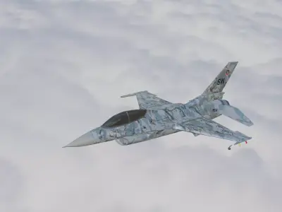 f-16 model fighter jet flying in clouds 3D model