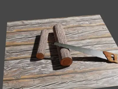 Handsaw and Wood Logs Low-poly 3D model
