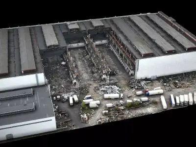 factory destroyed industrial roofs drone photogrammetry 3D model