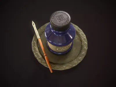Vintage old inkwell and ink pen Low-poly 3D model