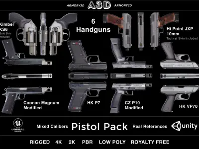 Game Ready Pistol Bundle PBR Rigged Low-poly 3D model