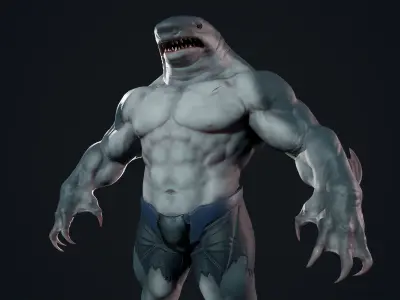 Sharkman creature with long arms and legs Low-poly 3D model