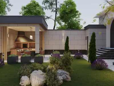 landscape courtyard design and kitchen design Free 3D model
