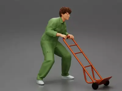 mechanical worker pushing a hand track trolley jack 3D print model