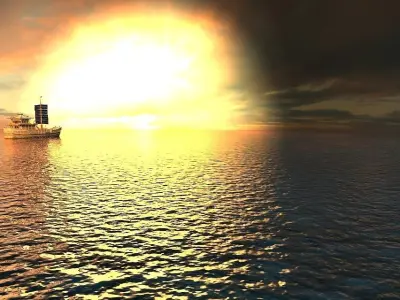 Ancient Chinese warships and sailboats at sunset 3D model