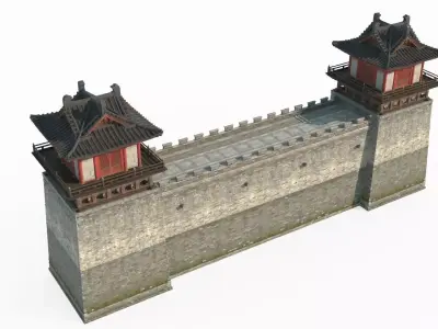 Ancient Asian architecture city wall corner tower 3D model