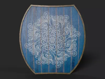 Slavic hybrid shield-painted blue with flower symbol Low-poly 3D model