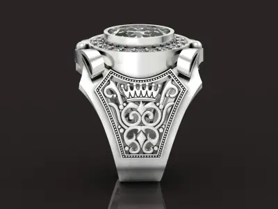 mens signet ring large with oval stone and pattern 1411 3D print model