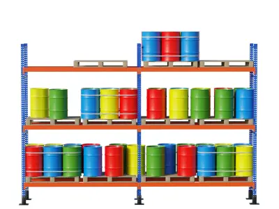Metal Shelf Pallet Rack And Barrels 3D model