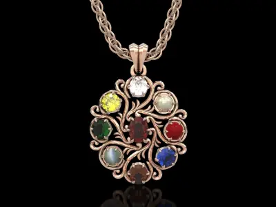 Navratna Oval Antique Filigree Pendant 3D print model
